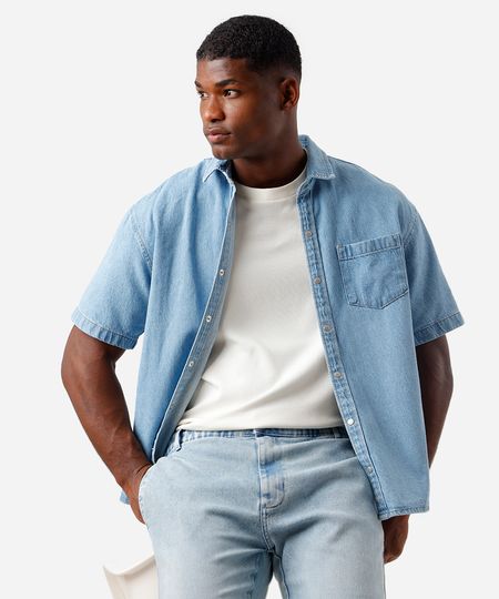 camisa box masculina jeans manga curta azul G camisa box masculina jeans manga curta azul G