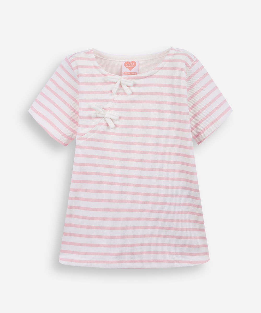 camiseta infantil listrada com laço rosa