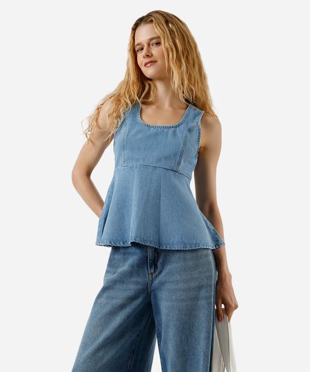 blusa peplum feminina jeans com recorte azul P