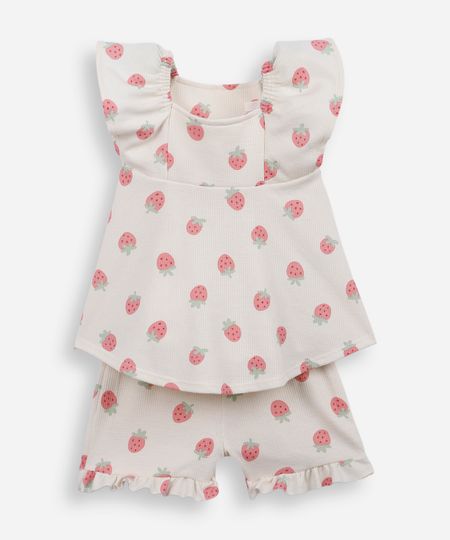 conjunto curto infantil com algodão morangos off white 3-6 conjunto curto infantil com algodão morangos off white 3-6
