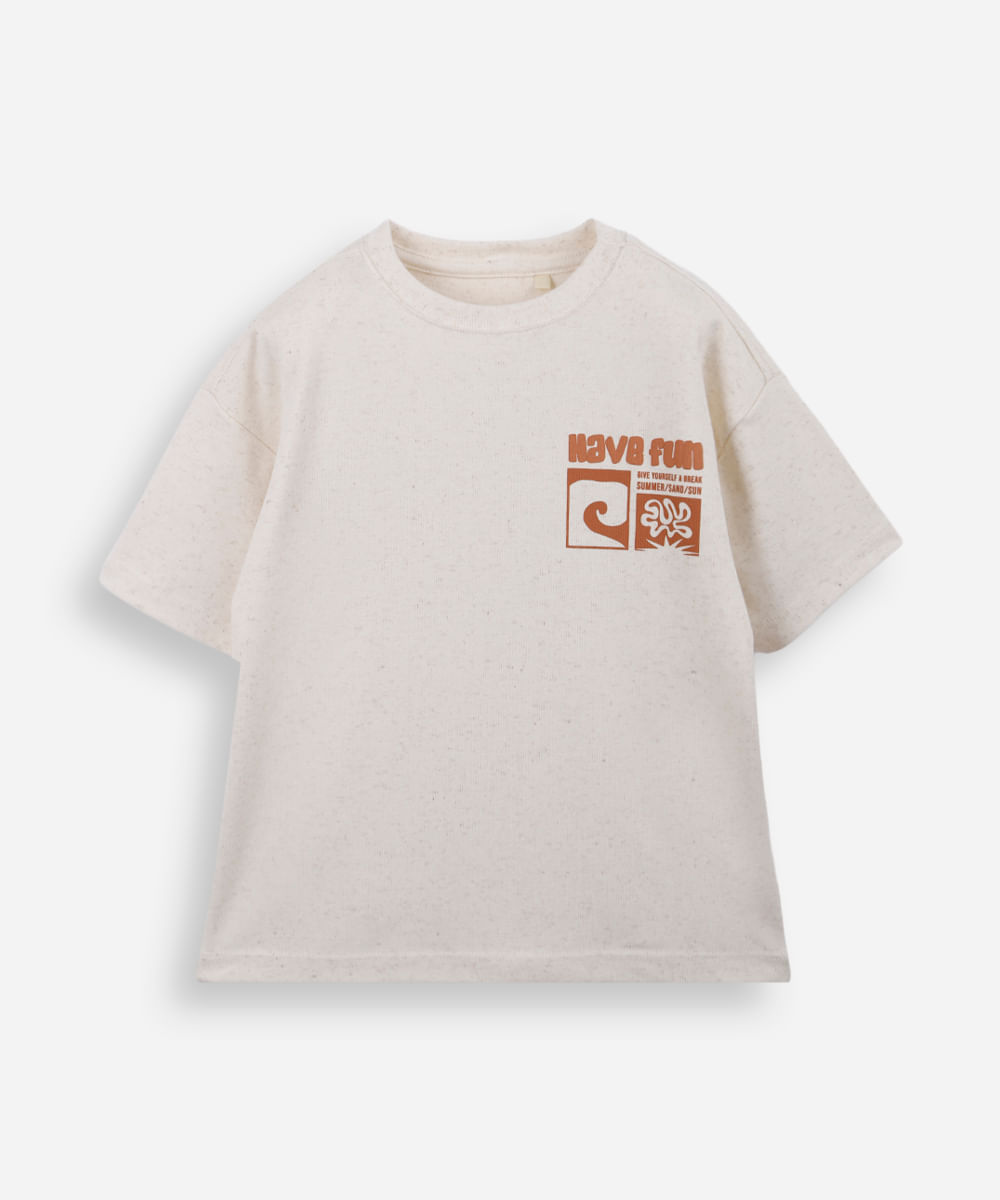 camiseta infantil com linho estampada bege