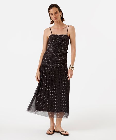 vestido midi alça fina feminino de tule franzido poá marrom PP