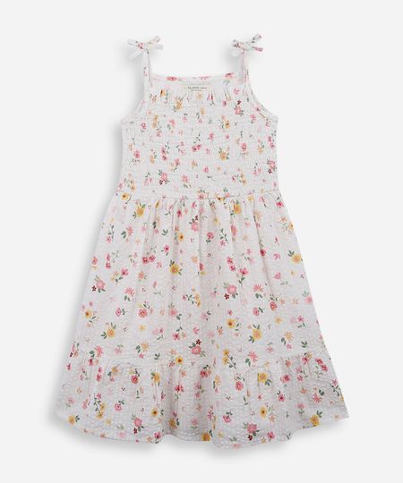 vestido infantil de algodão franzido floral off white 4 vestido infantil de algodão franzido floral off white 4