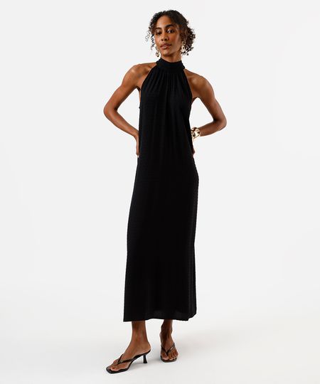 vestido midi feminino de viscose halterneck com amarração texturizado preto M