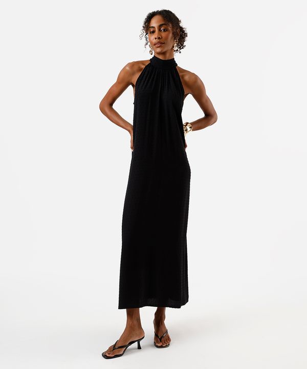 vestido midi feminino de viscose halterneck com amarração texturizado preto G