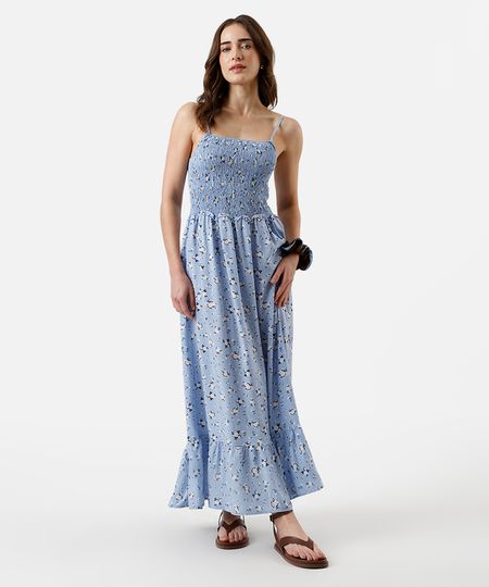 vestido longo feminino de viscose com recorte e lastex floral azul M vestido longo feminino de viscose com recorte e lastex floral azul M