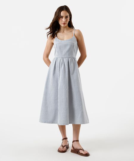 vestido midi feminino de sarja listrado azul GG vestido midi feminino de sarja listrado azul GG