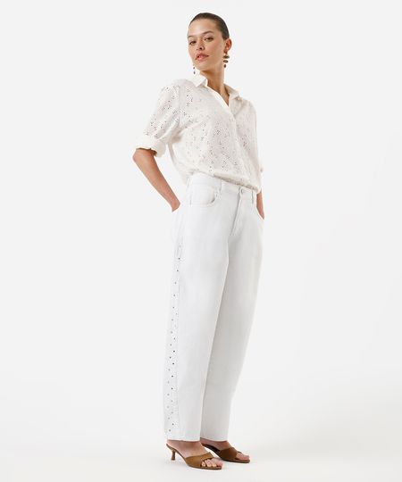 calça barrel feminina de sarja com recorte bordado branca 38