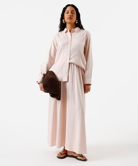 saia longa feminina com linho cós elástico rosa 38 saia longa feminina com linho cós elástico rosa 38