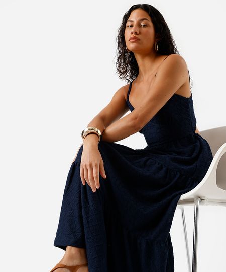 vestido midi alça fina feminino de laise com recortes azul G vestido midi alça fina feminino de laise com recortes azul G
