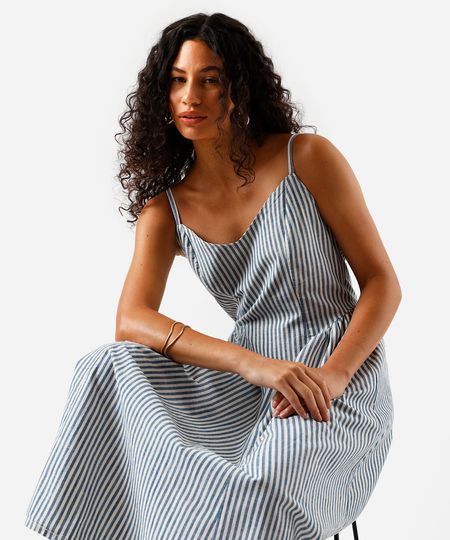 vestido midi alça fina feminino de sarja franzido listrado azul PP vestido midi alça fina feminino de sarja franzido listrado azul PP