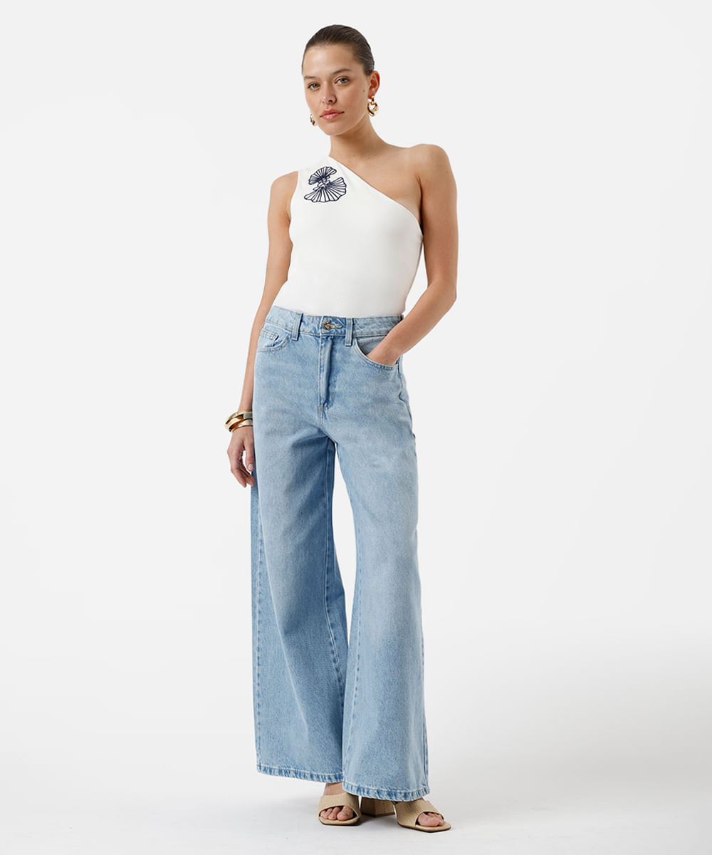 calça wide leg feminina jeans azul
