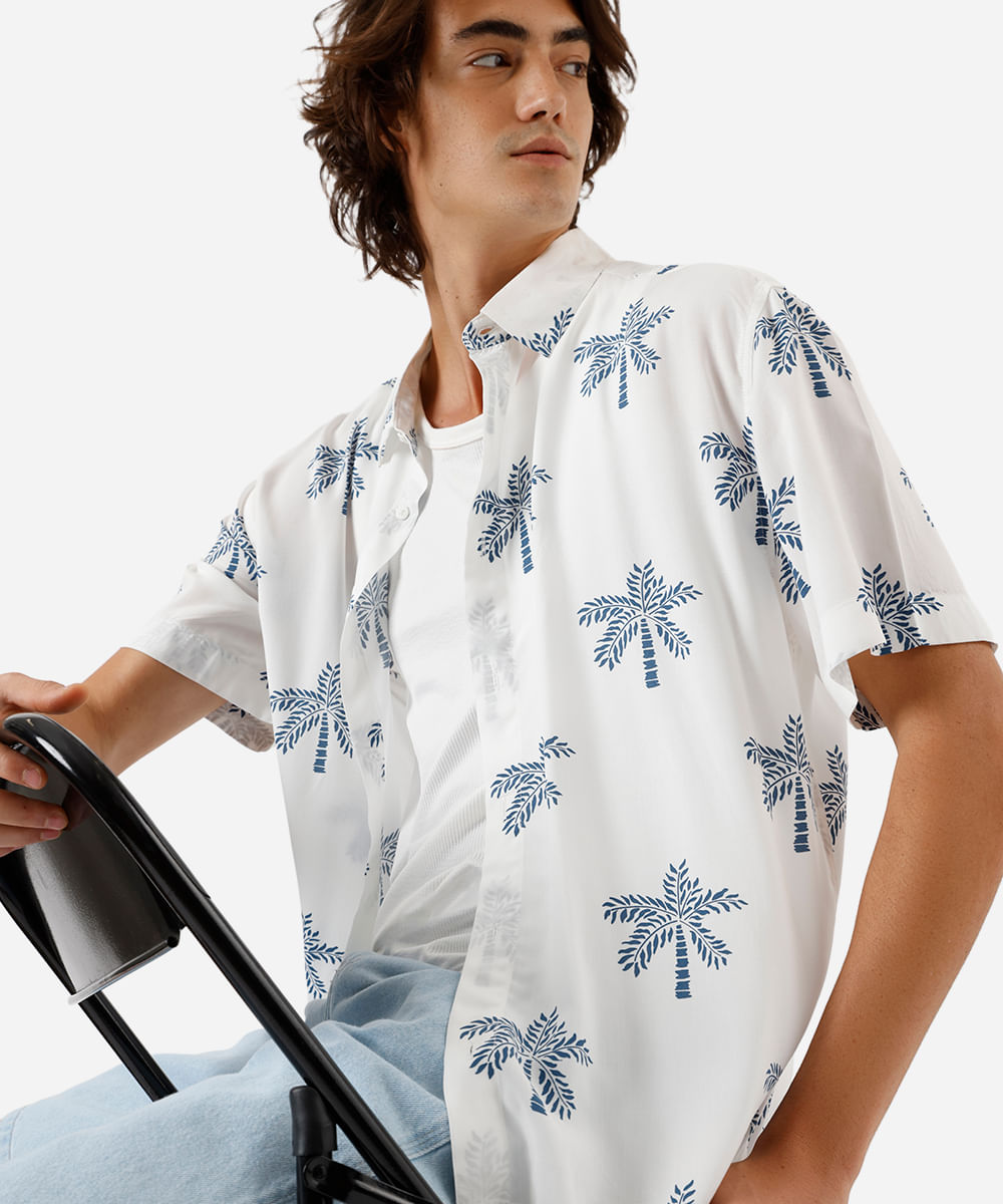 camisa masculina de viscose folhagens off white