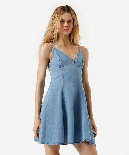 vestido curto alça fina evasê  feminino jeans com recortes azul M