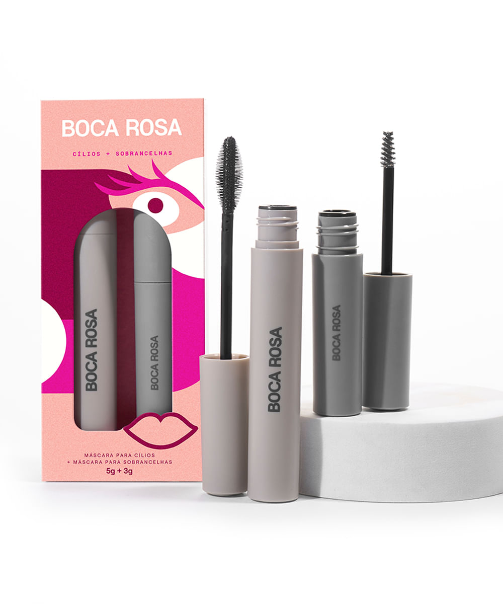 kit boca rosa máscara de cílios efeito volume e máscara para sobrancelha