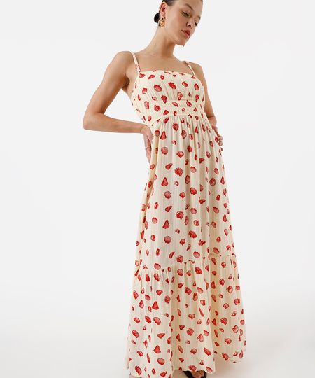 vestido longo alça fina feminino de viscose com lurex e recorte estampado bege PP