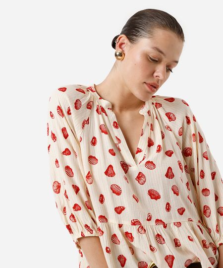 bata feminina de viscose com recorte e lurex estampada bege P bata feminina de viscose com recorte e lurex estampada bege P