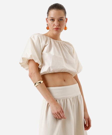 cropped feminino de algodão manga bufante franzido amarelo PP