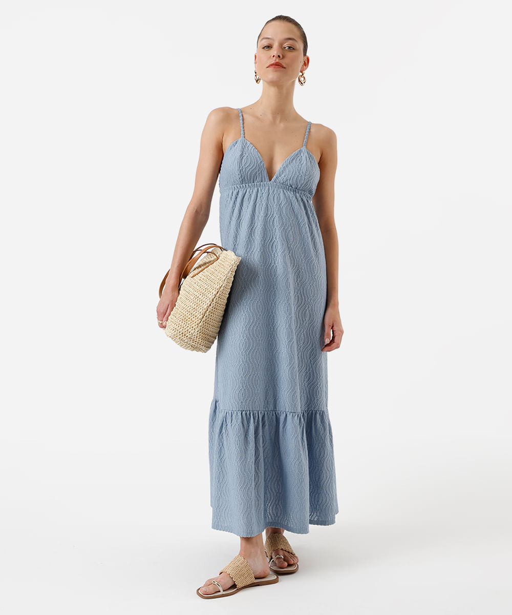 vestido longo alça fina feminino com recorte texturizado azul