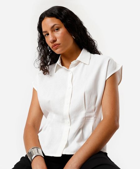 camisa feminina com linho e pregas off white M