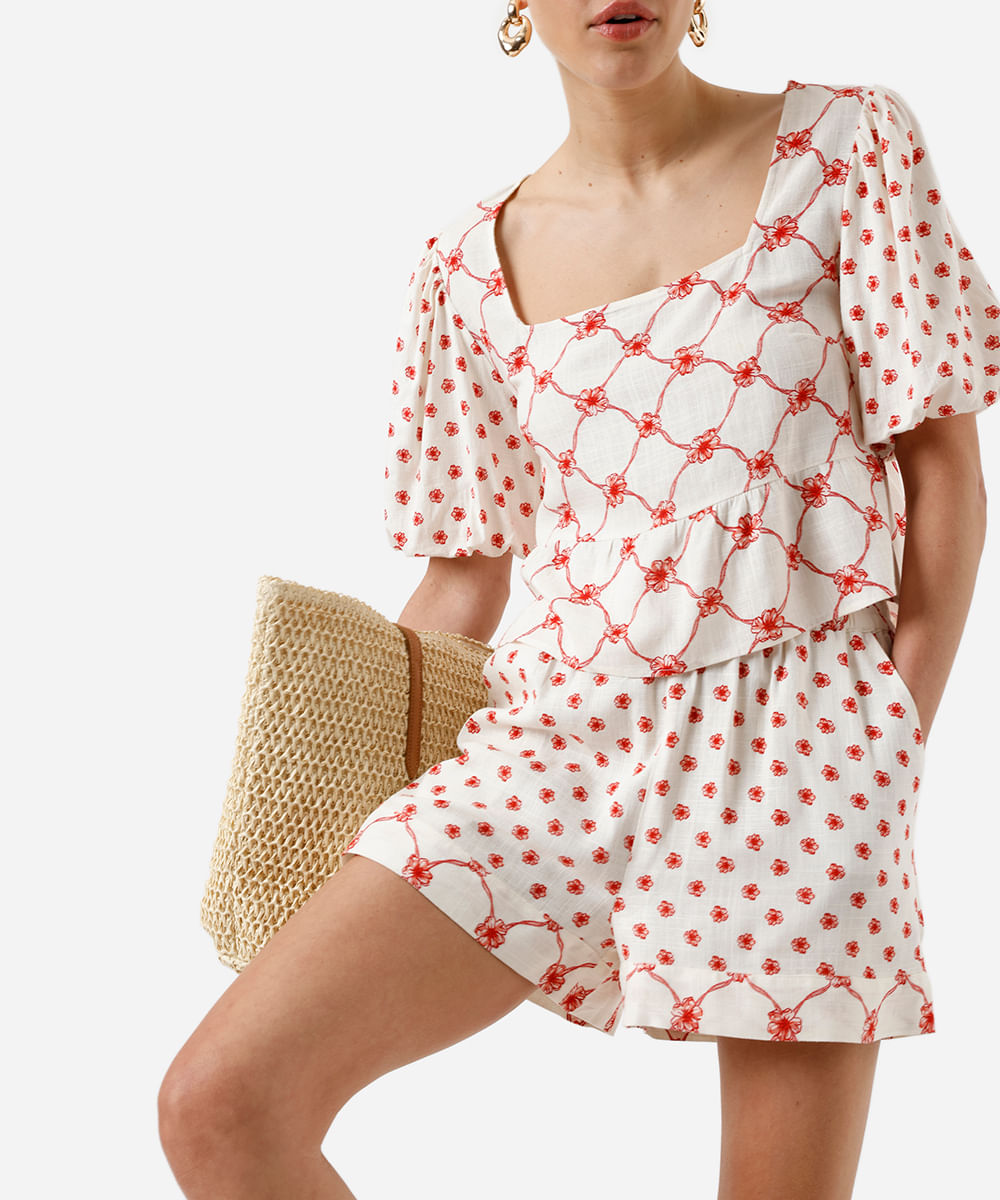 short feminino com linho cós elástico floral off white
