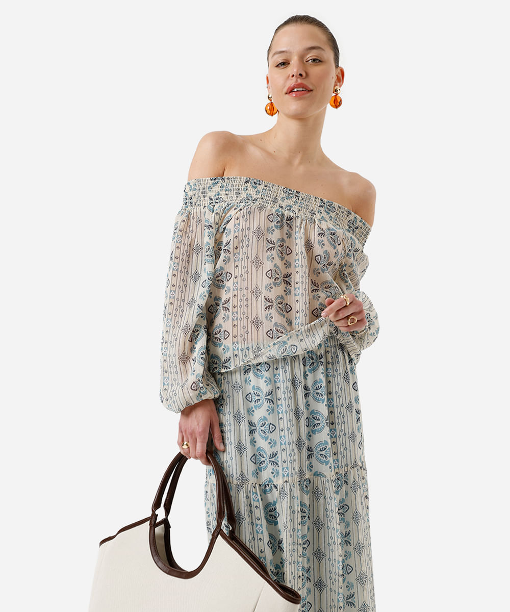 bata ombro a ombro feminina manga longa étnica bege