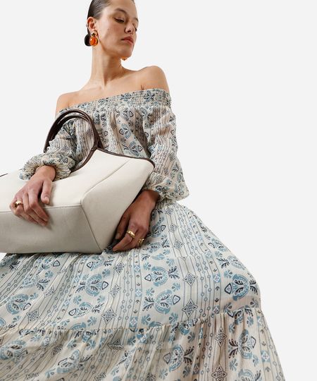 saia longa feminina com recortes étnica bege G saia longa feminina com recortes étnica bege G