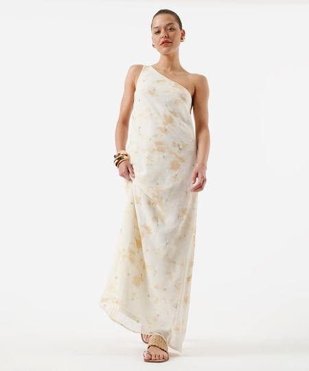 vestido longo ombro único feminino bordado texturizado bege P