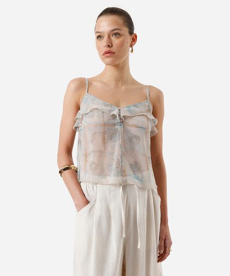 regata alça fina feminina com babados estampada bege P regata alça fina feminina com babados estampada bege P