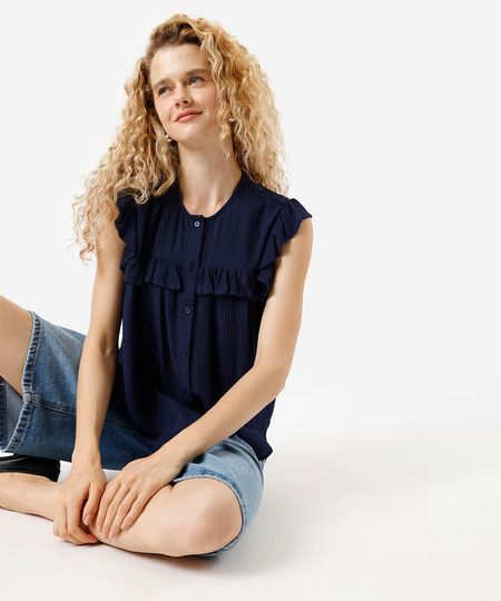 blusa feminina de viscose com babados texturizada azul P blusa feminina de viscose com babados texturizada azul P