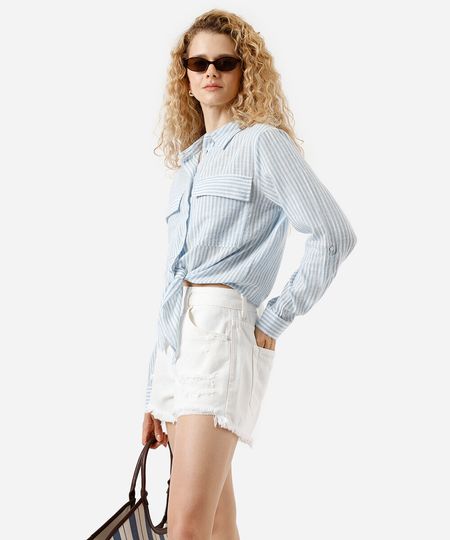 camisa feminina manga longa amarração listrada azul P