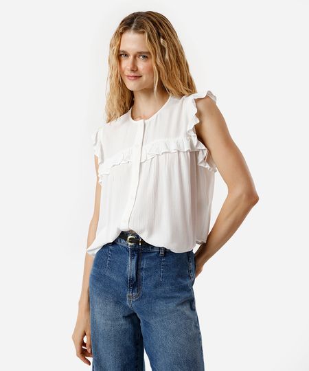 blusa feminina de viscose com babados texturizada off white G