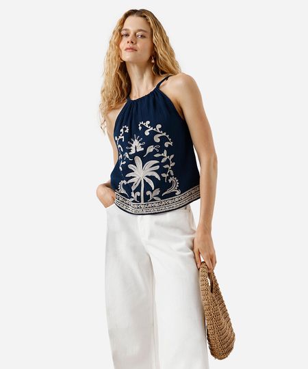 regata feminina bordado folhagens texturizada azul G regata feminina bordado folhagens texturizada azul G