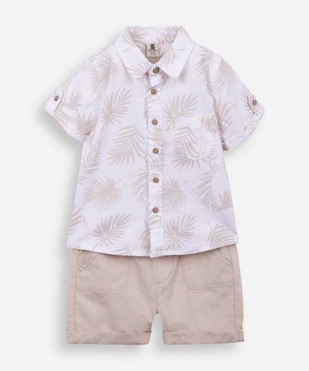 conjunto curto infantil de algodão folhagem off white 6-9 conjunto curto infantil de algodão folhagem off white 6-9