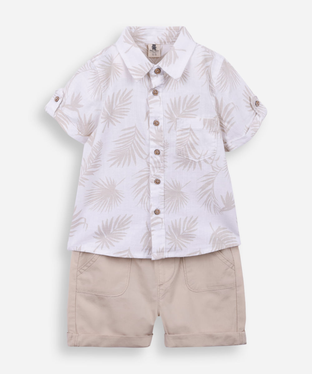 conjunto curto infantil de algodão folhagem off white