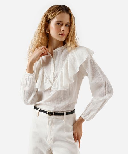 blusa feminina de algodão com babado texturizada off white P blusa feminina de algodão com babado texturizada off white P
