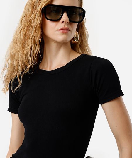 blusa baby look feminina de poliamida básica canelada preta PP