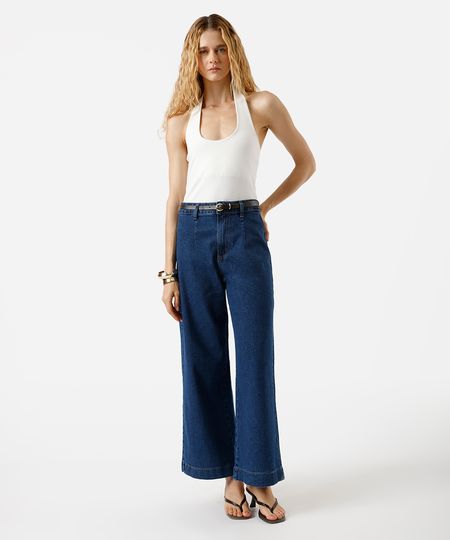 calça wide leg slim feminina jeans com cinto azul 38