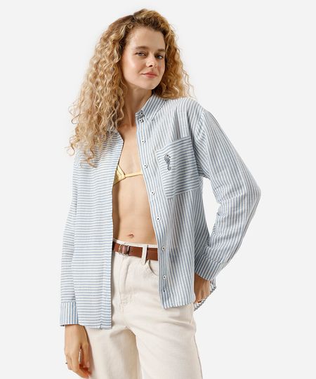 camisa oversized feminina de algodão com bolso bordado azul M camisa oversized feminina de algodão com bolso bordado azul M