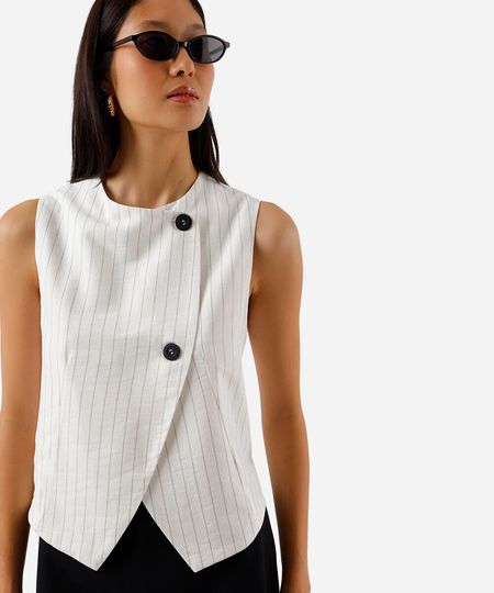 colete feminino com viscose e transpasse listrado off white P colete feminino com viscose e transpasse listrado off white P
