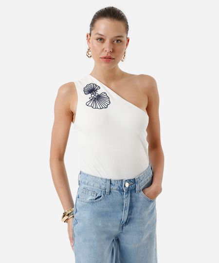 blusa ombro único feminina de algodão com bordado e franzido off white P