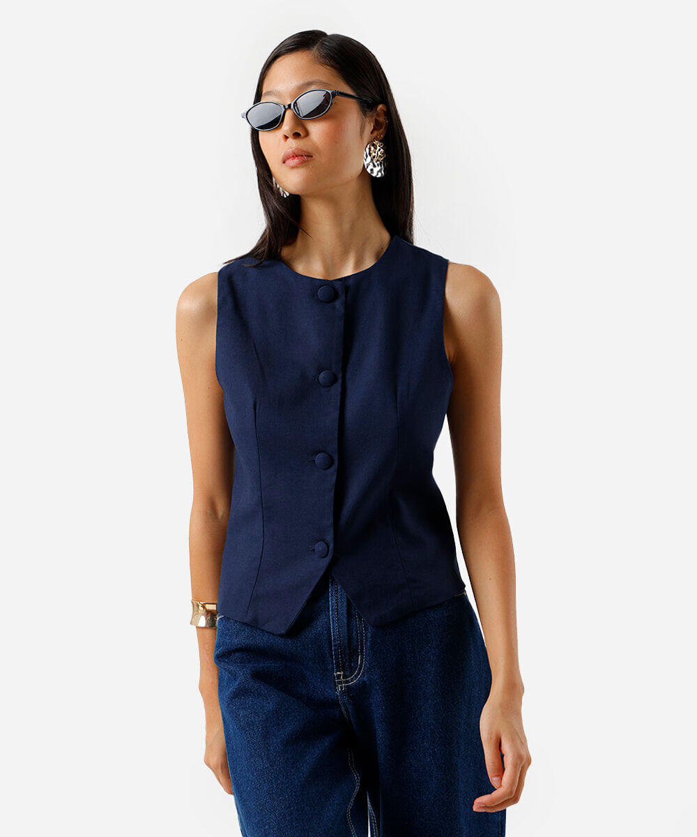 colete feminino com linho e fenda azul