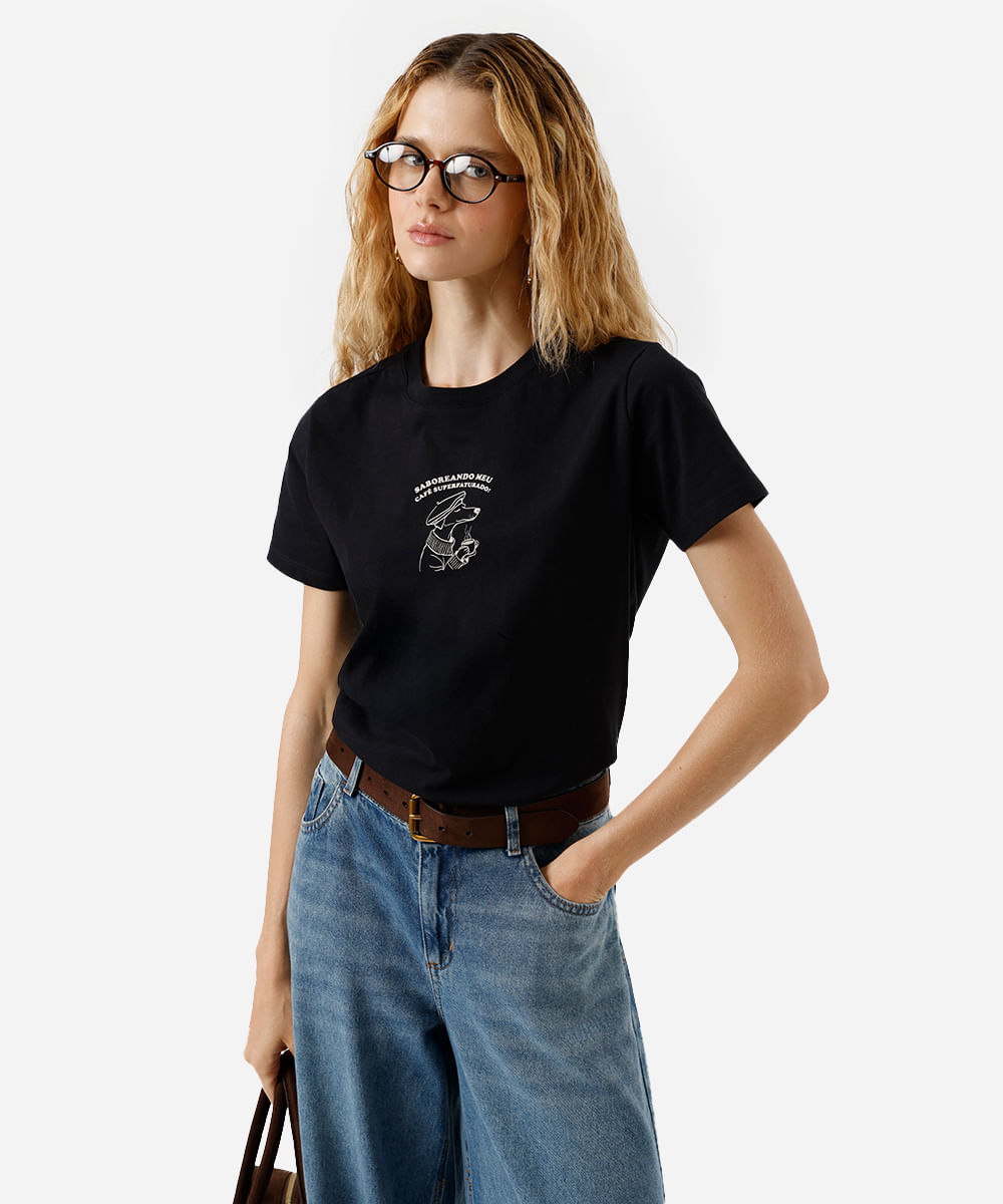 camiseta feminina de algodão estampada preta