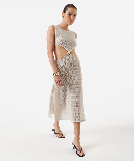 vestido midi feminino de tricot com recorte e fendas bege PP