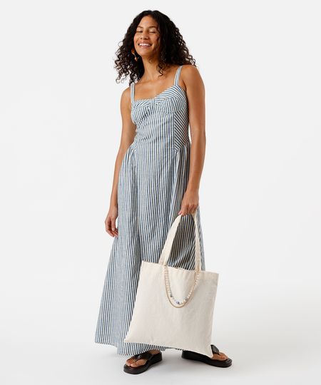 vestido longo alça fina feminino de algodão com recortes listrado off white PP vestido longo alça fina feminino de algodão com recortes listrado off white PP