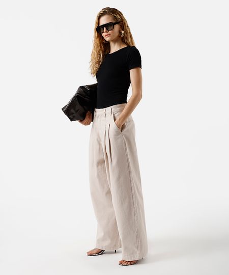 calça balloon feminina de sarja com pregas bege 34 calça balloon feminina de sarja com pregas bege 34