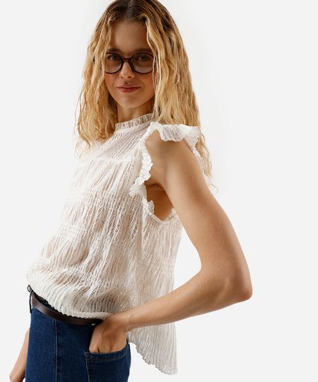 regata feminina com babados texturizada off white PP regata feminina com babados texturizada off white PP