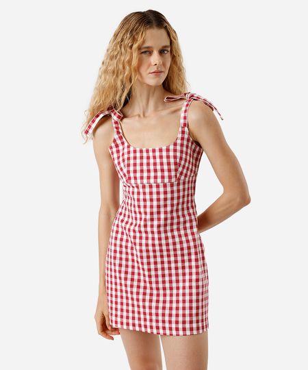vestido curto alça fina feminino de sarja com amarração xadrez vermelho GG