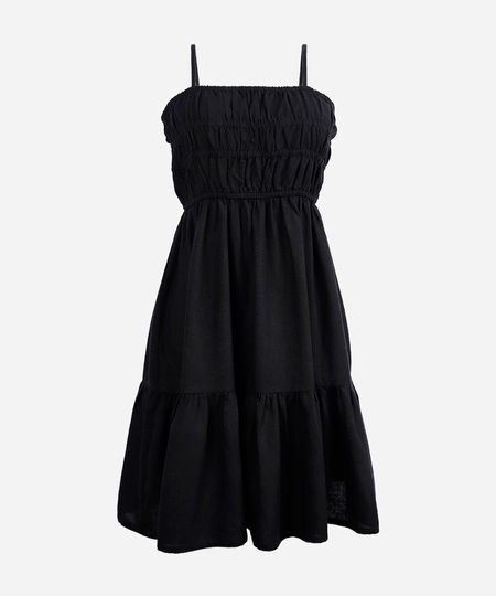 vestido curto alça fina juvenil com linho e recorte preto 10