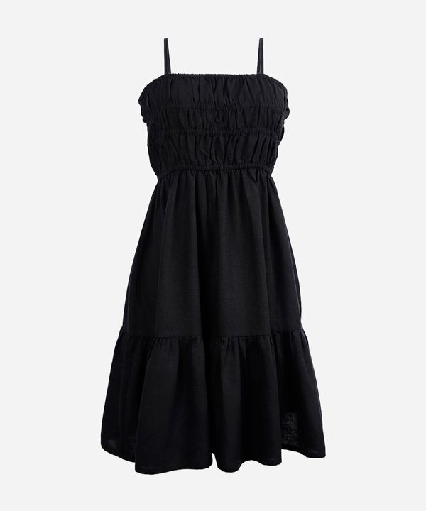 vestido curto alça fina juvenil com linho e recorte preto 12